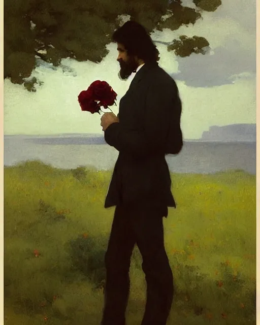 Image similar to a guy waiting for his love to come, holding roses, art by greg rutkowski, gustave courbet, rosa bonheur, edward hopper. faithfully depicted facial expression, perfect anatomy, sharp focus, global illumination, radiant light, detailed and intricate environment, trending on artstation