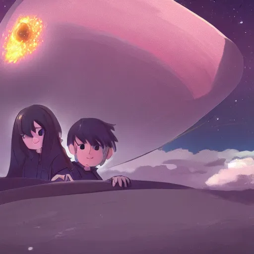 Image similar to two people stuck on an asteroid orbiting a black hole trending on art station makoto shinkai