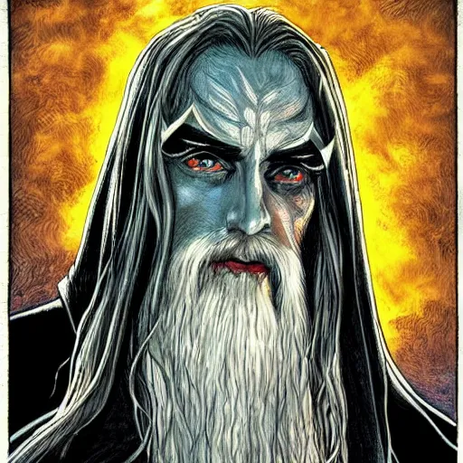 Prompt: precisely drawn illustration of Saruman blended with Loki, wide angle, sharp, fine details, French comic style, vibrant realistic colors, full color, heroic fantasy, intense line art, 8k, precise linework, realistic, in the style of Heavy Metal Comics and Richard Corben and Moebius