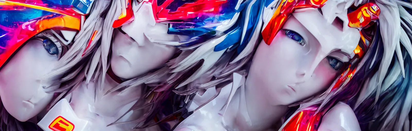 Image similar to beautifully lit extreme close up photo of a white marble statue of an anime girl with colorful motocross logos and motorcycle helmet with closed visor, colorful smoke in the background, carved marble statue, fine art, neon genesis evangelion, virgil abloh, offwhite, denoise, highly detailed, 8 k, hyperreal