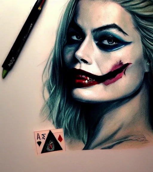 Image similar to tattoo design sketch of beautiful margot robbie with joker makeup and holding an ace card, in the style of den yakovlev, realistic face, black and white, realism tattoo, hyper realistic, highly detailed
