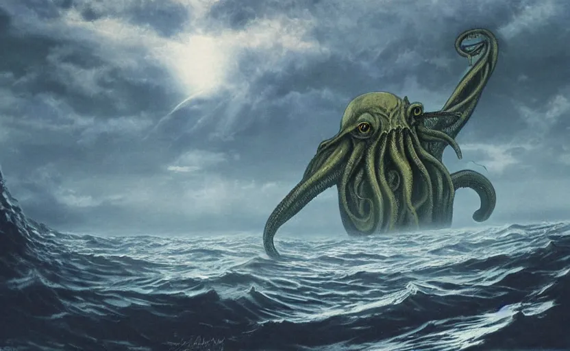 Image similar to cthulhu in the ocean looking up. matte painting. full color.