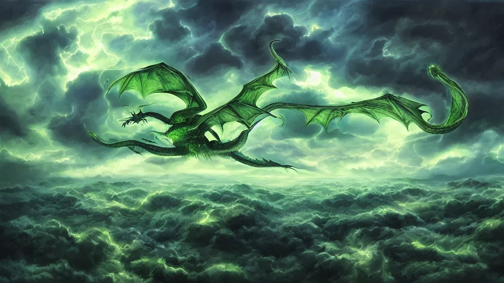 Prompt: surrealist painting of a huge green dragon flying through a stormy cloudy sky, lightning striking all around it, blue and green color scheme, fantasy artwork, award winning, hyper detailed, very very very beautiful, studio lighting, artstation