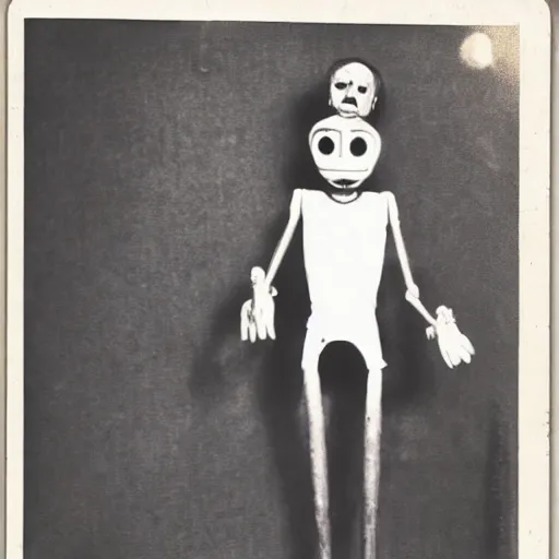 Prompt: 1 9 5 0 s, creepy marionette puppet jumping towards viewer, horror, lost photograph, forgotten, polaroid,