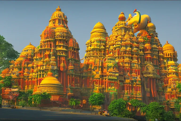 Image similar to high quality 3 d dreamscape! mumbai with biomorphic hanuman!! head building, kalighat, unreal engine hyperrealistic cinematic smooth, stephen shore & john j. park, soft morning light, wide shot, high angle, uhd 8 k, deep focus