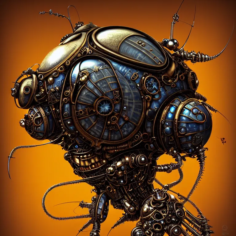 Prompt: steampunk cybernetic biomechanical ladybug with wings, 3 d model, very coherent symmetrical artwork, unreal engine realistic render, 8 k, micro detail, intricate, elegant, highly detailed, centered, digital painting, artstation, smooth, sharp focus, illustration, artgerm, tomasz alen kopera, wlop
