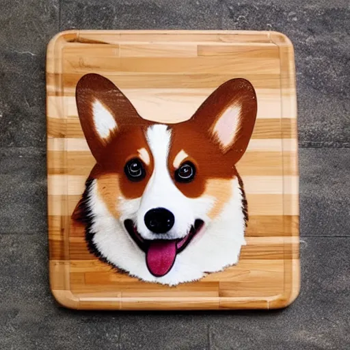 Prompt: a corgi using a cutting board