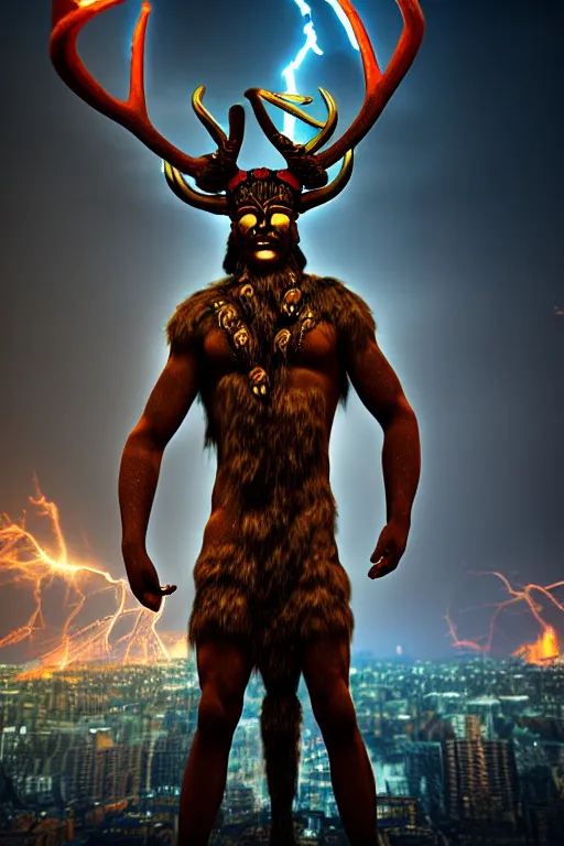 Prompt: Cernunnos standing in front of a city on fire, photo-realistic, 4k, highly detailed, octane render, dramatic lightning, by El Greco,