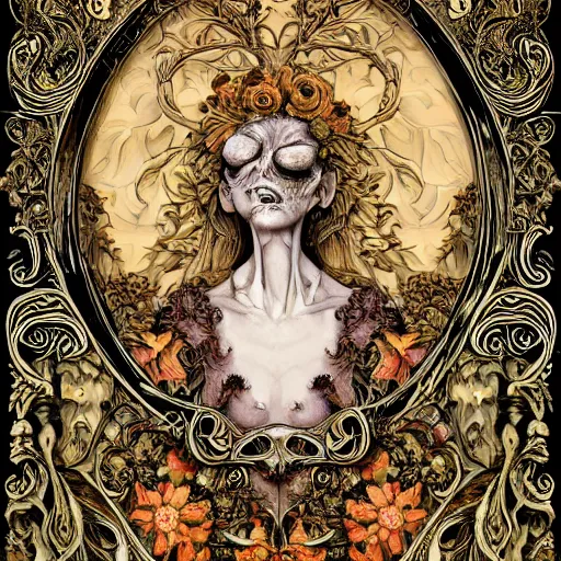 Image similar to a beautiful detailed front view baroque portrait of a rotten woman corpse with fractal plants and fractal flowers and mushrooms growing around, intricate, symmetrical, ornate, bones, art nouveau style