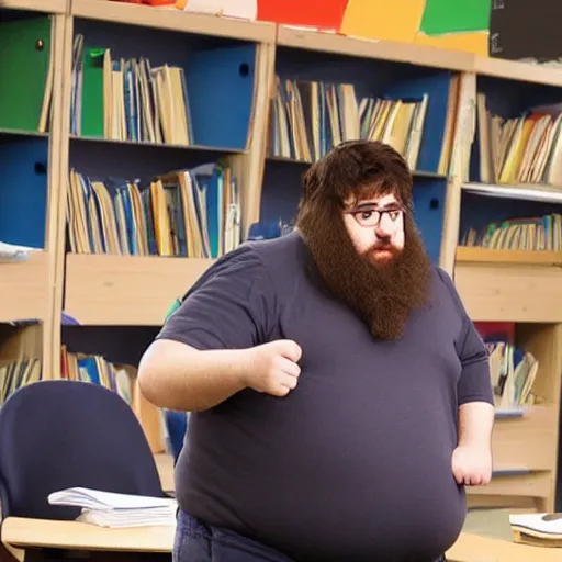 Prompt: A young fat hairy teacher who doesn't understand their class doesn't like them