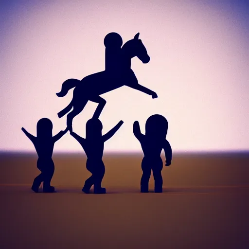 Image similar to an astronaut standing on the ground and a small trippy aggressive centaur standing on that poor human being standing on all fours astronaut raising his arms up, the horse is on his shoulders and grabbing them, minimalist style, 3 d render, isometry