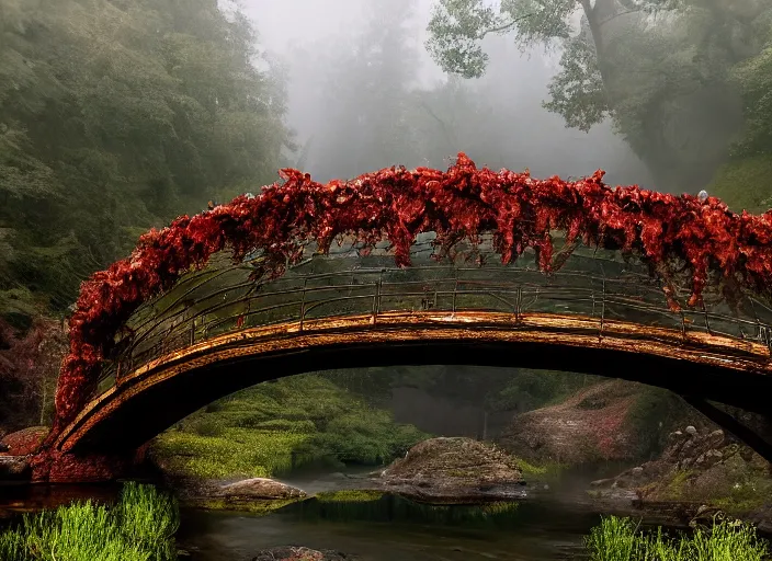 Image similar to an emerald bridge over a river of red wine. highly detailed. mythical. magical. mist. foggy. 4k. 800 iso.