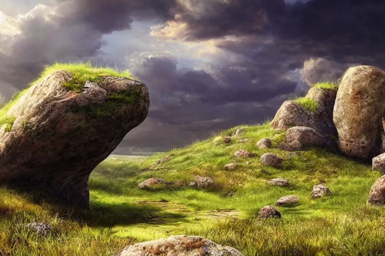 Prompt: landscape, a giant hole in the ground, photorealistic cinematic concept art, overgrown stones and grass fields bright day, fantasy, giant rocks, rocky hills, clouds - n 9