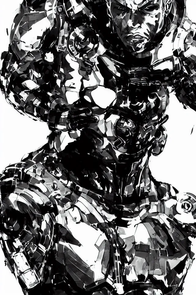 Image similar to a full - body portrait of cyborg ninja joe rogan, in yoji shinkawa's art style, metal gear solid art style, highly detailed, 4 k, artistic, white background, b & w