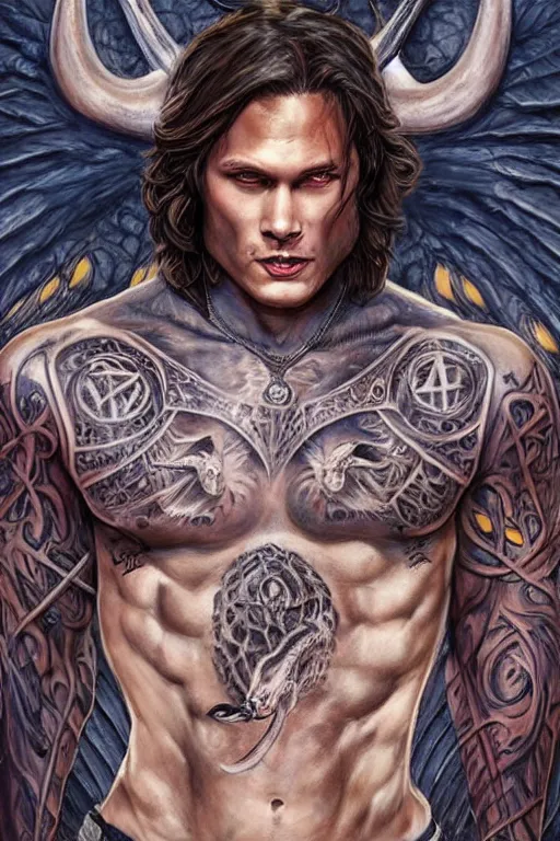 Image similar to front portrait of attractive sam winchester as a muscularshaman with demon wings wide open, teared apart shirt whole body tattooed with runes and symbols, d & d!, fantasy style, sharp focus!, ultra detailed, art by artgerm and peter andrew jones, wlop