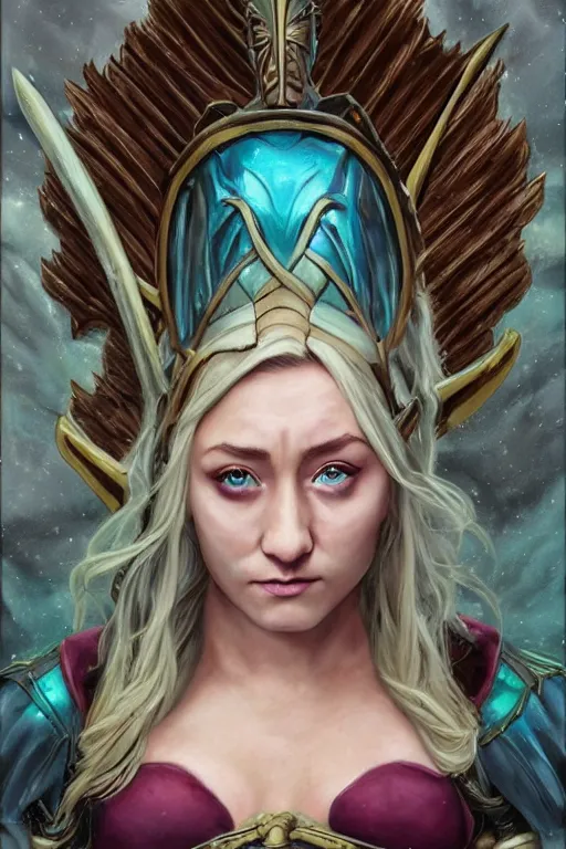 Image similar to A fantasy comic book style portrait painting of, hybrid of Saoirse Ronan, Cory Chase, as an Atlantean, Reptilian Warrior, Mystical Valkyrie, Armor, Sword, Spear, Sheild, François Boucher, Oil Painting, unreal 5, DAZ, hyper realistic, Photorealistic, octane render, Regal, Refined, Coherent, Detailed Digital Art, RPG portrait, William-Adolphe Bouguereau, Michael Cheval, Walt Disney (1937), Steampunk, golden dappled lighting, dynamic lighting, Highly Detailed, Cinematic Lighting, Unreal Engine, 8k, HD