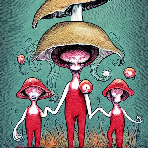 Prompt: a grinning mushroom family by tim doyle and anna dittmann, macabre | demonic