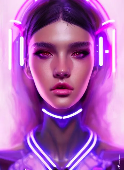 Image similar to photorealistic portrait of female humanoid, cyber neon lights, highly detailed, cyberpunk haute couture fashion, elegant, crispy quality, trending in artstation, trending in pinterest, glamor pose, no signature, no watermark, cinematic, art by artgerm and pascal blanche