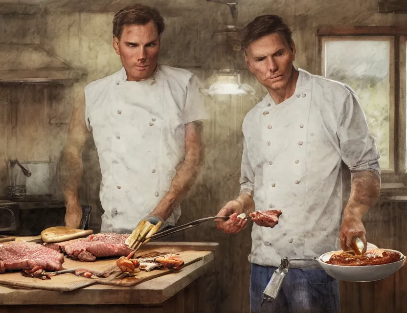 Prompt: jerma 9 8 5 cooking meat in a kitchen in country house, cottage core, cinematic focus, polaroid photo bleached vintage pastel colors high - key lighting, soft lights, foggy, by steve hanks, by lisa yuskavage, by serov valentin, by tarkovsky, 8 k render, detailed, oil on canvas