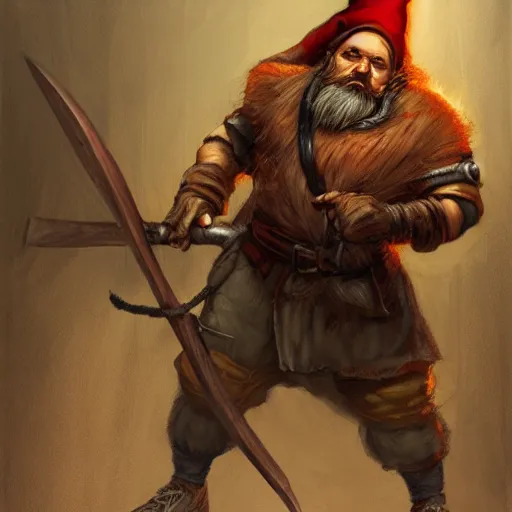 Image similar to a gnome with a brown beard smashing through a door with a battle axe, realistic, detailed, trending on ArtStation, by Gerald Brom