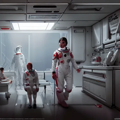 Image similar to a space woman in a white nurse uniform examinating an alien in a space station hospital, Matte painting , detailed painting, greg rutkowski