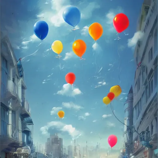 Prompt: plenty of floating birthday balloons. beautiful city. digital art, highly - detailed, artstation cgsociety masterpiece