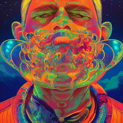 Image similar to An extremely psychedelic experience, colorful, surreal, dramatic lighting, cosmonaut, LSD, face, detailed, intricate, elegant, highly detailed, digital painting, artstation, concept art, smooth, sharp focus, illustration, art by Sam Spratt, Dan Mumford, Artem Demura and Alphonse Mucha