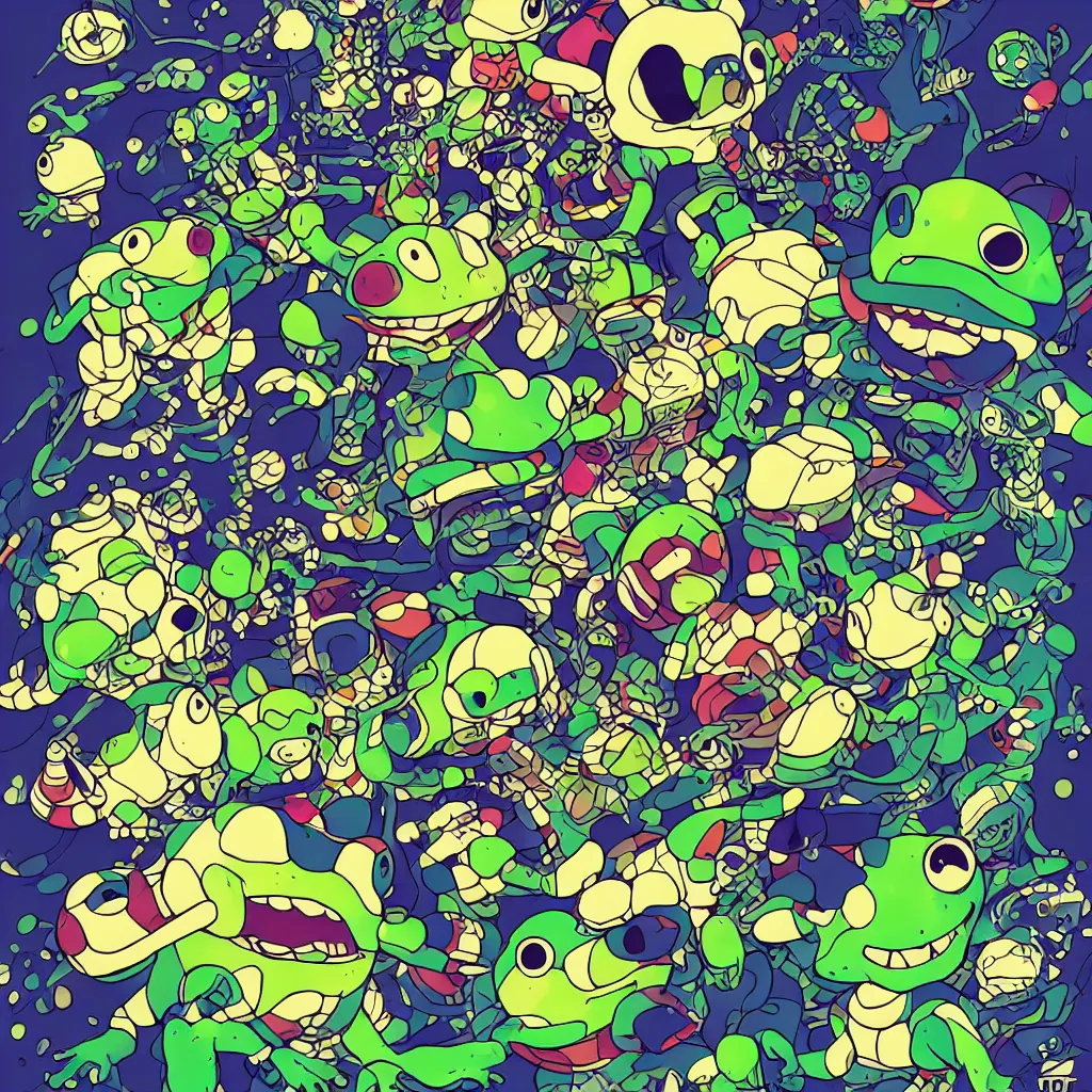 Image similar to toads, frogs, ryuta ueda artwork, breakcore, style of jet set radio, y 2 k, gloom, space, cel - shaded art style, indigo rainbow, data, minimal, takashi murakami artwork, code, cybernetic, dark, eerie, cyber