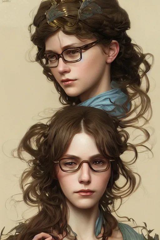 Prompt: portrait of a girl with glasses, D&D, fantasy, intricate, elegant, highly detailed, digital painting, artstation, concept art, smooth, sharp focus, illustration, art by artgerm and greg rutkowski and alphonse mucha