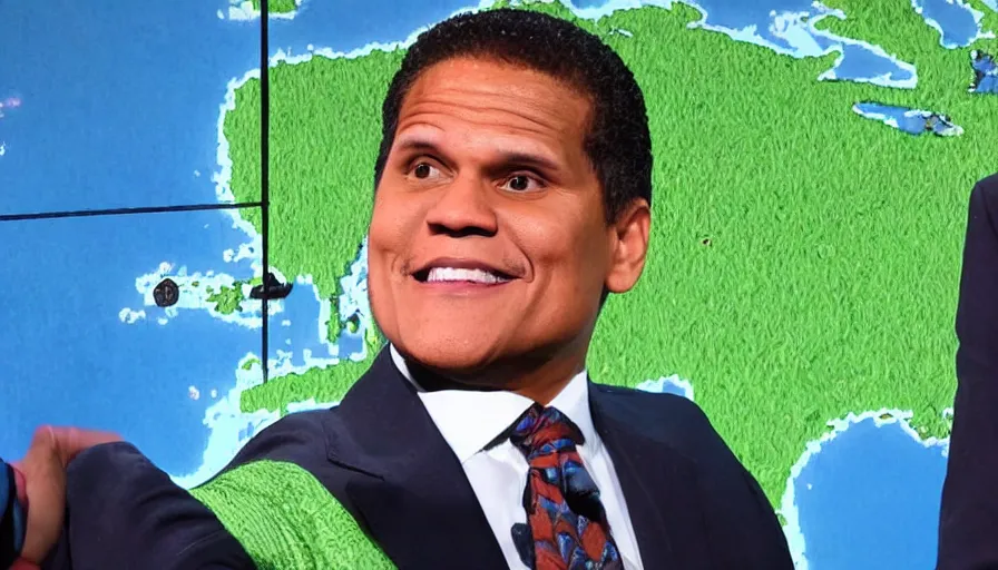 Image similar to reggie fils - amie in front of a weather map