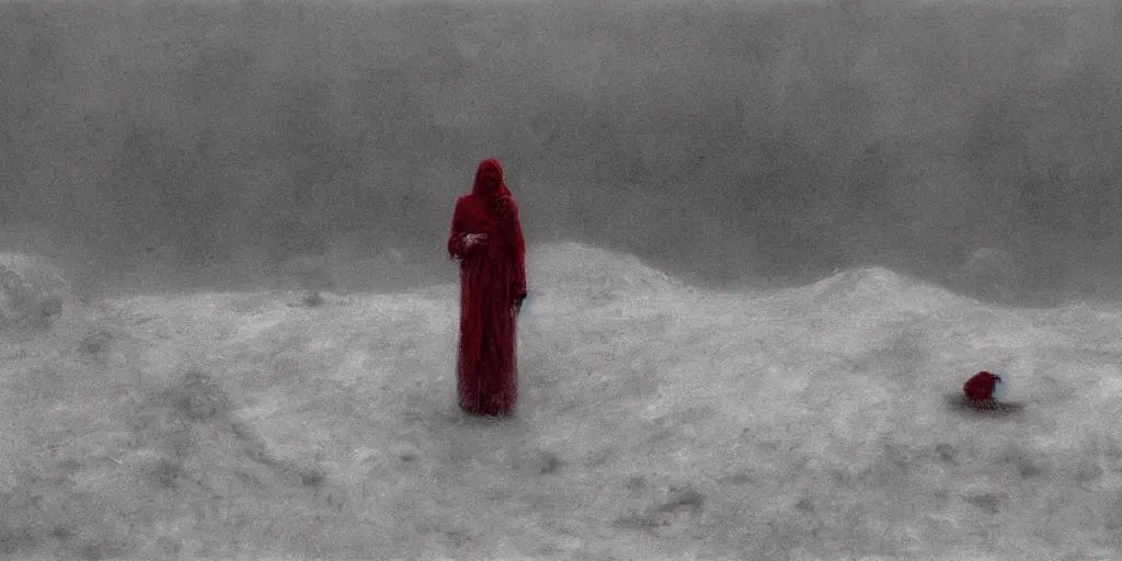 Prompt: surrealist painting of a lonely woman with pale skin and red hair standing over pile of bodies in post apocalyptic snowy landscape painted by beksinski