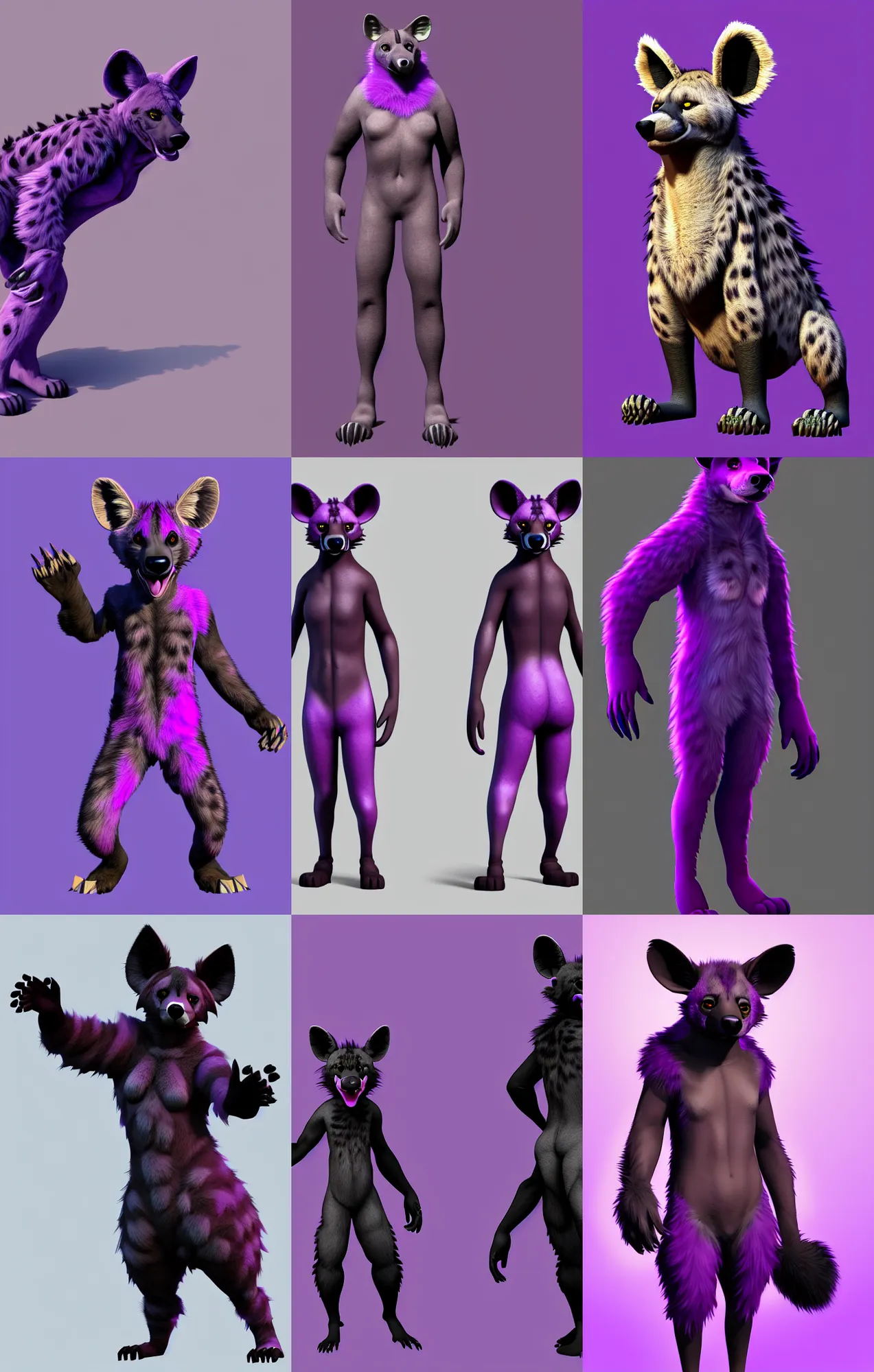 Prompt: a full - body centered front - perspective furry male fursona portrait, a male hyena fursona, purple and black fur color scheme, trending on weasyl, painted in zbrush, high - resolution, godrays, photorealistic