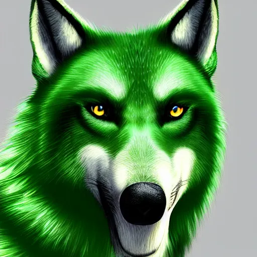 Image similar to Beautiful portrait digital painting of an anthro anthropomorphic green wolf. minimalist background