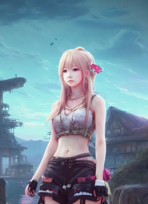 Prompt: beautiful portrait of tiffa from final fantasy dahyun from twice the style of wlop, artgerm, yasutomo oka, yuumei, rendered in unreal engine, surrounded by epic ruins landscape by simon stalenhag, digital art dynamic dramatic lighting, imagine fx, artstation, cgsociety, by bandai namco artist,