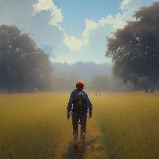 Image similar to portrait of hiker walking through the field, sharp focus, character art, illustration, digital painting, trending on artstation, by masamune shirow, by greg rutkowski.