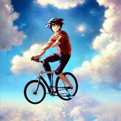 Prompt: A realistic anime portrait of a breathtakingly beautiful happy man flying in the sky on his bicycle in the clouds, digital painting, by Stanley Artgerm Lau, Sakimichan, WLOP and Rossdraws, digtial painting, trending on ArtStation