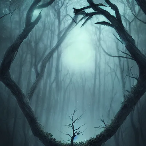 Image similar to a dark ominous forest, dead trees, moonlit, a ethereal ghost emerging from a tree, spooky digital artwork by Artgerm, trending on artstation