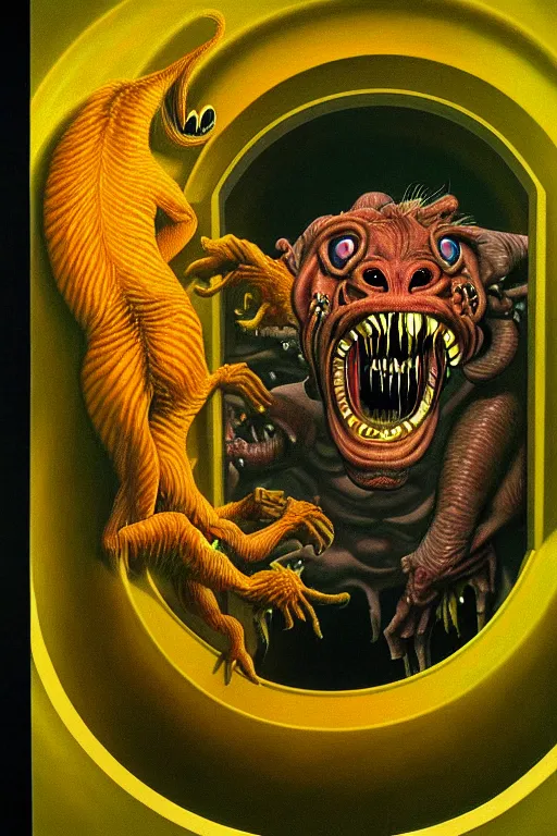 Prompt: a hyperrealistic painting of a chimera creature breaking out of a containment chamber in a secret science laboratory facility, by chris cunningham and richard corben, highly detailed, vivid color,