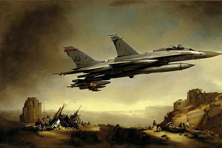 Image similar to flight military unit f - 1 6 painting by hubert robert detailed