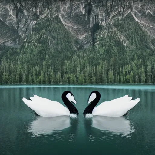 Image similar to photo of two black swans swimming in a beautiful reflective mountain lake, touching heads, forming a heart with their necks, a hot air balloon flying above the swans , granular detail, hot air balloon, intricate, portrait, 8k highly professionally detailed, HDR, CGsociety, octane render, 4k, f32,55mm photography, wide angle