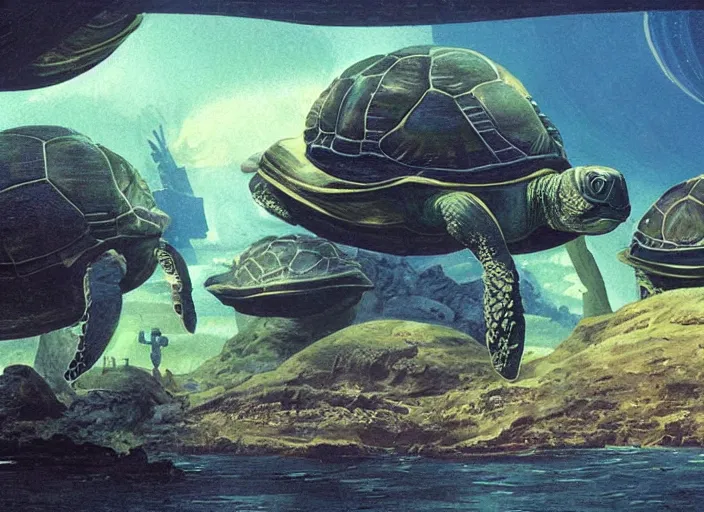 Image similar to mega turtles underwater in a ruined Atlantis art by Chesley Bonestell, cgsociety, retrofuturism, matte painting, reimagined by industrial light and magic