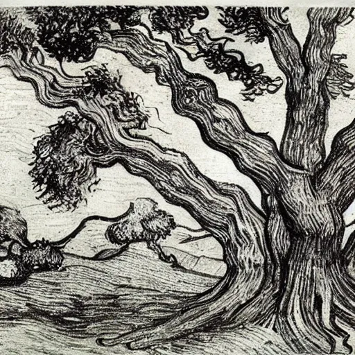 Prompt: tree by leonardo da vinci and vincent van gogh