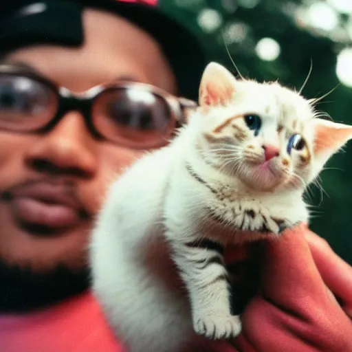 Prompt: 15mm wide-angle lens of a 1990 New York rapper holding a kitten up to the camera