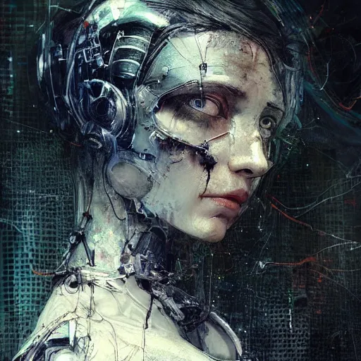 Image similar to female cybernetic dream hunter, cyberpunk, wires, skulls!! machines ( by emil melmoth zdzislaw belsinki craig mullins yoji shinkawa ) realistic render ominous detailed photo atmospheric by jeremy mann francis bacon and agnes cecile ink drips paint smears!! digital glitches glitchart!!