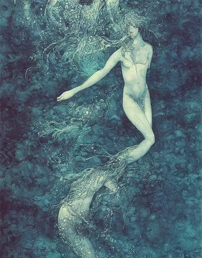 Image similar to a mermaid swimming deep underwater, high detailed beksinski painting, part by adrian ghenie and gerhard richter. art by takato yamamoto. masterpiece, dark and moody, deep colours, blue