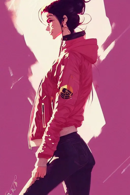 Image similar to a ultradetailed beautiful painting of a stylish woman wearing a bomber jacket, by conrad roset, greg rutkowski and makoto shinkai trending on artstation