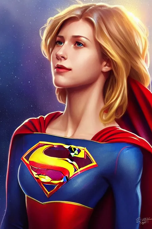 Prompt: a beautiful female supergirl!! intricate, red, blue gold suit, powers, speed, dc comics, cinematic, stunning, highly detailed, digital painting, artstation, smooth, hard focus, illustration, art by artgerm and greg rutkowski and alphonse mucha