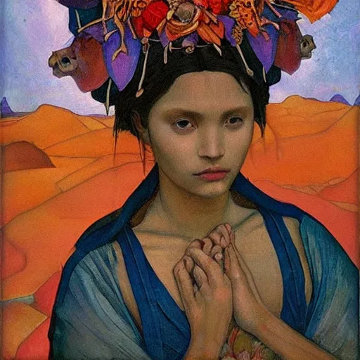 Image similar to the bone crown, by Annie Swynnerton and Nicholas Roerich and Diego Rivera, dark skin, elaborate costume, flowers, iridescent beetles, rich color, dramatic cinematic lighting, smooth, sharp focus, extremely detailed