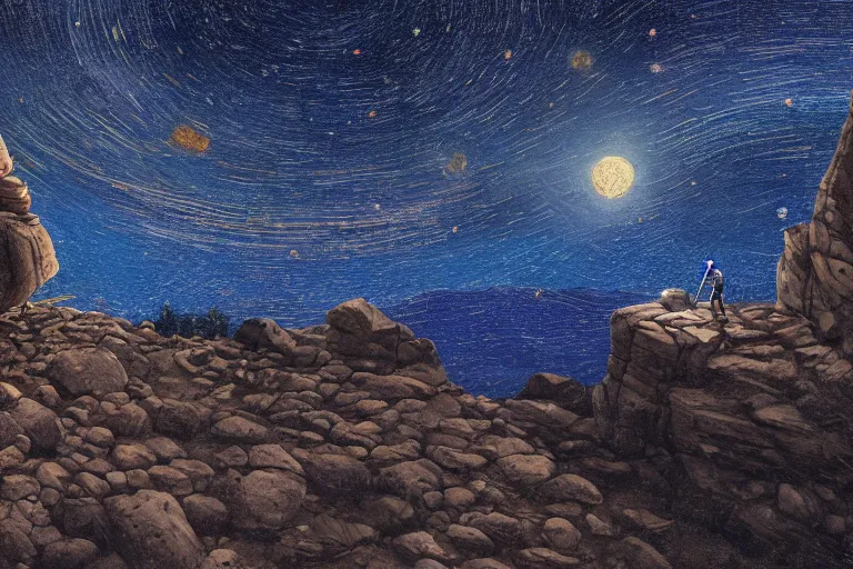 Image similar to Landscape view of a Rocky mountain, only one man climbing the rocks with his bare hands, at a starry night, no lights beside the luminance of the full moon, night atmospheric lights, trending on artstation, hyper detailed