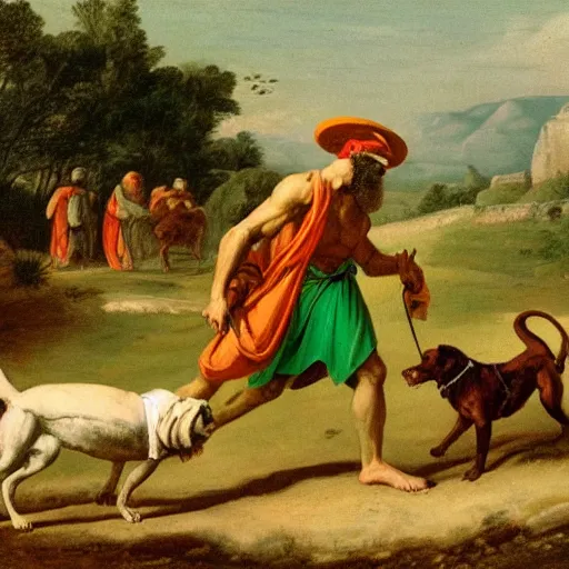 Prompt: Diogenes wearing a bright green cap hat, near his barrel home, with dogs running around